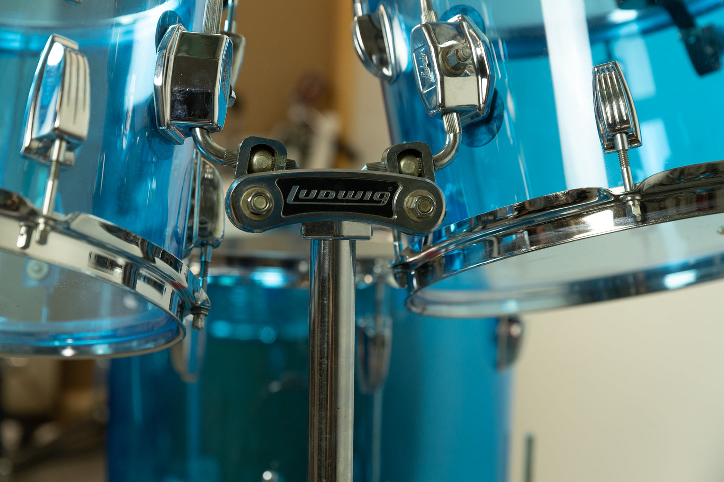 1970s Ludwig Blue Vistalite 14x22 8x12 9x13 and 16x16 Big Beat Drum Set