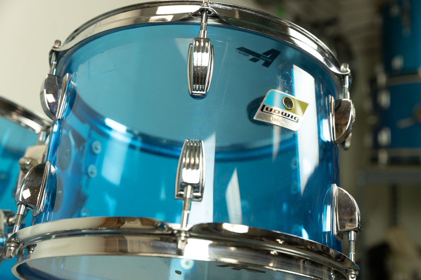 1970s Ludwig Blue Vistalite 14x22 8x12 9x13 and 16x16 Big Beat Drum Set