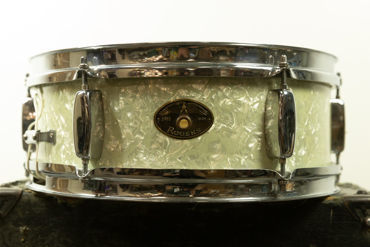 1950s Rogers 5x14 "Eagle Badge Spotlight" White Marine Pearl Snare Drum