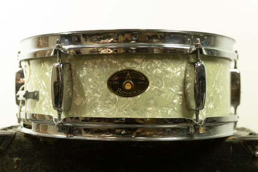 1950s Rogers 5x14 "Eagle Badge Spotlight" White Marine Pearl Snare Drum