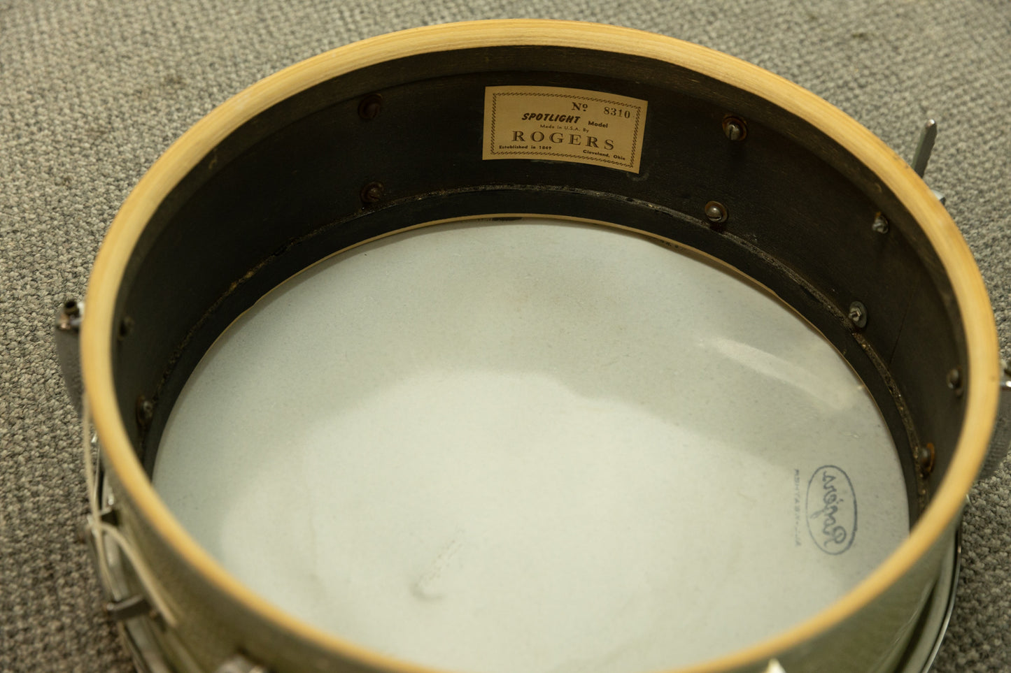 1950s Rogers 5x14 "Eagle Badge Spotlight" White Marine Pearl Snare Drum