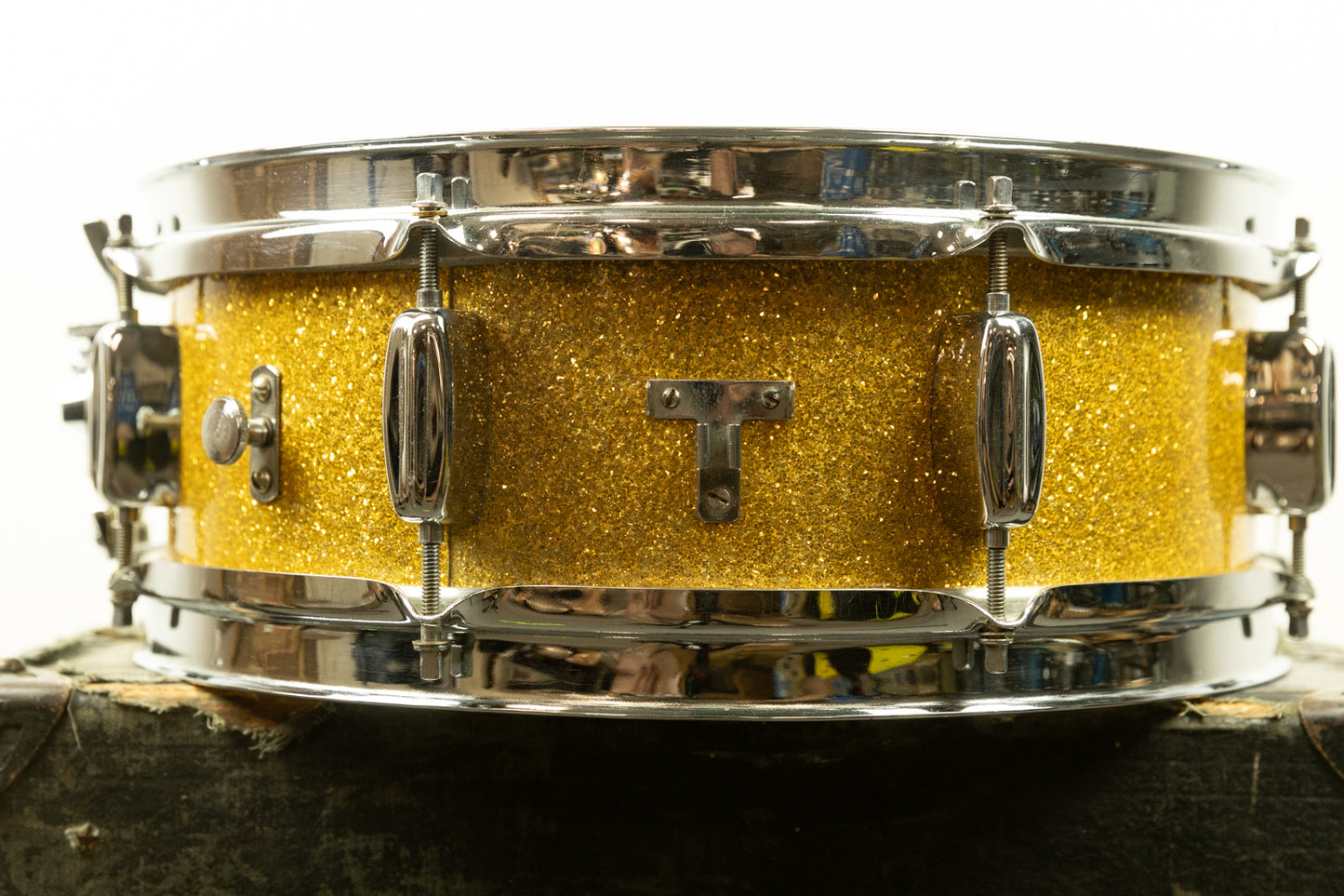 1960s Rogers 5x14 Sparkling Gold Pearl Holiday Snare Drum