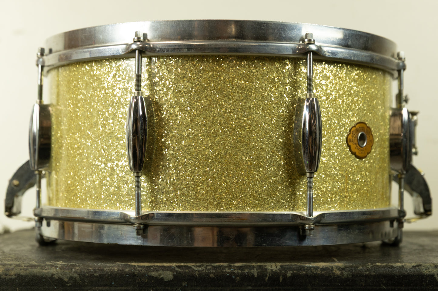 1940s Slingerland 6.5x14 Sparkling Gold Pearl Gene Krupa Radio King Snare Drum