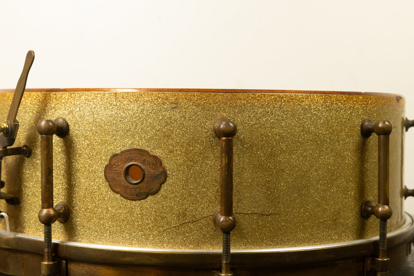 1920s Slingerland 5x14 Artist Model Tone Flange Gold Pearl Snare Drum