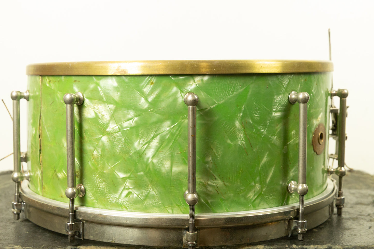1920s Slingerland 7x14 Fancher Model Sea Green Pearl Snare Drum