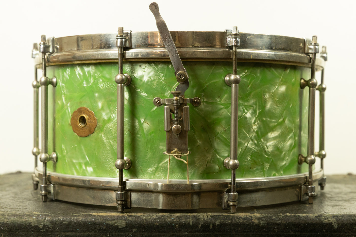 1920s Slingerland 7x14 Fancher Model Sea Green Pearl Snare Drum