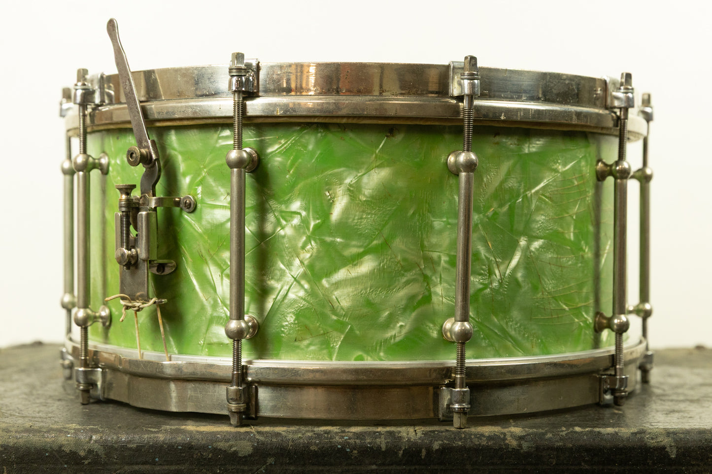 1920s Slingerland 7x14 Fancher Model Sea Green Pearl Snare Drum