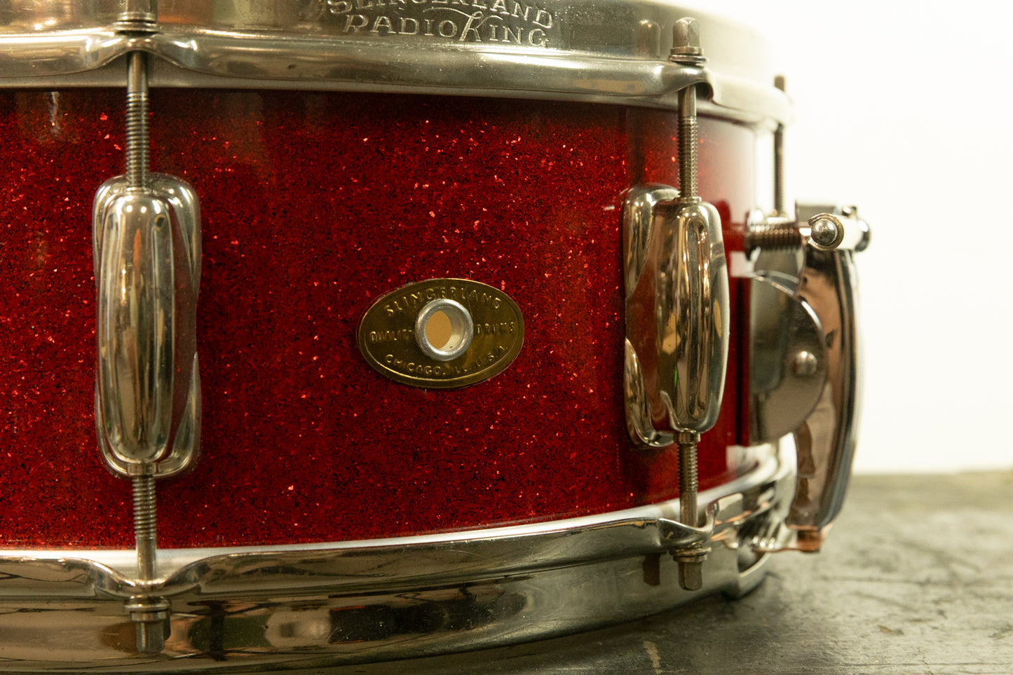 1950s Slingerland 5.5x14 Sparkling Red Pearl Super Gene Krupa Radio King Snare Drum