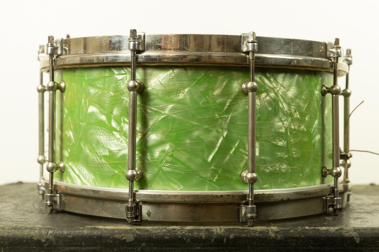 1920s Slingerland 7x14 Fancher Model Sea Green Pearl Snare Drum