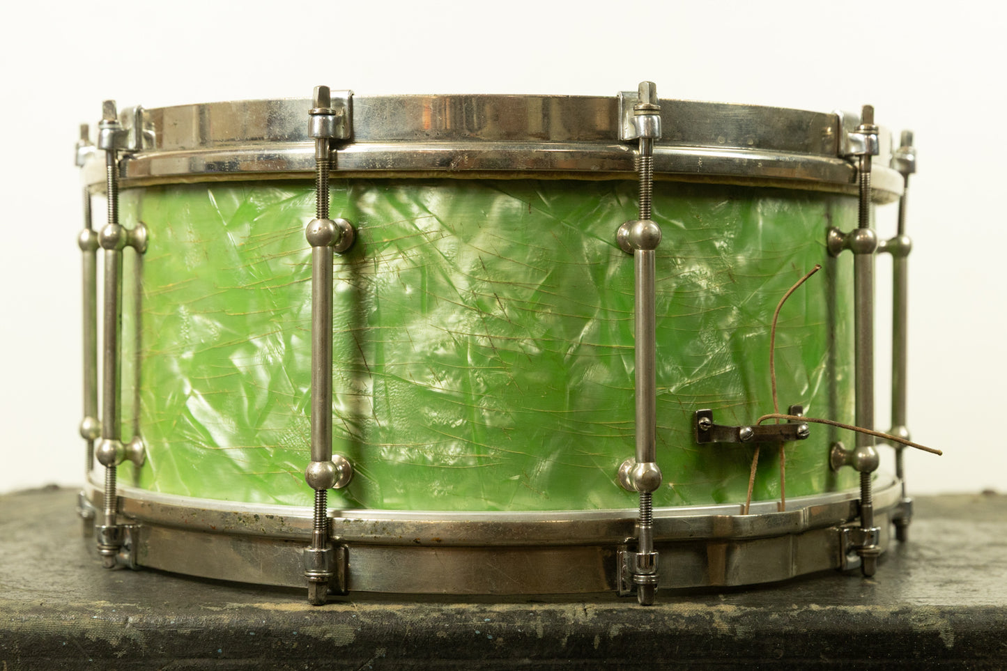 1920s Slingerland 7x14 Fancher Model Sea Green Pearl Snare Drum