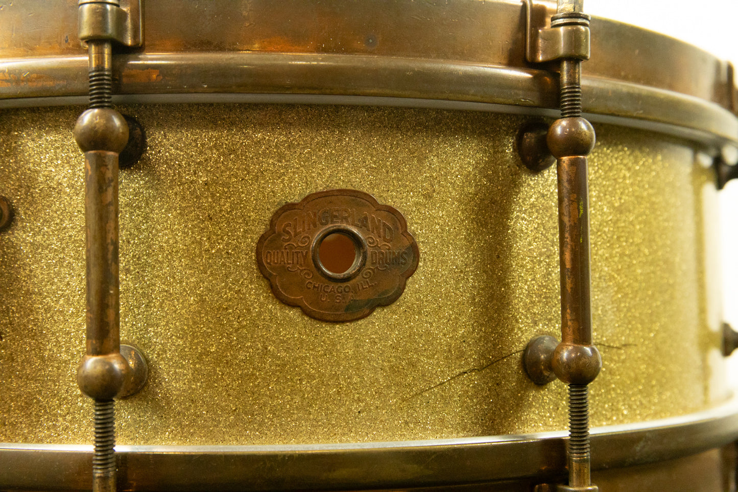 1920s Slingerland 5x14 Artist Model Tone Flange Gold Pearl Snare Drum