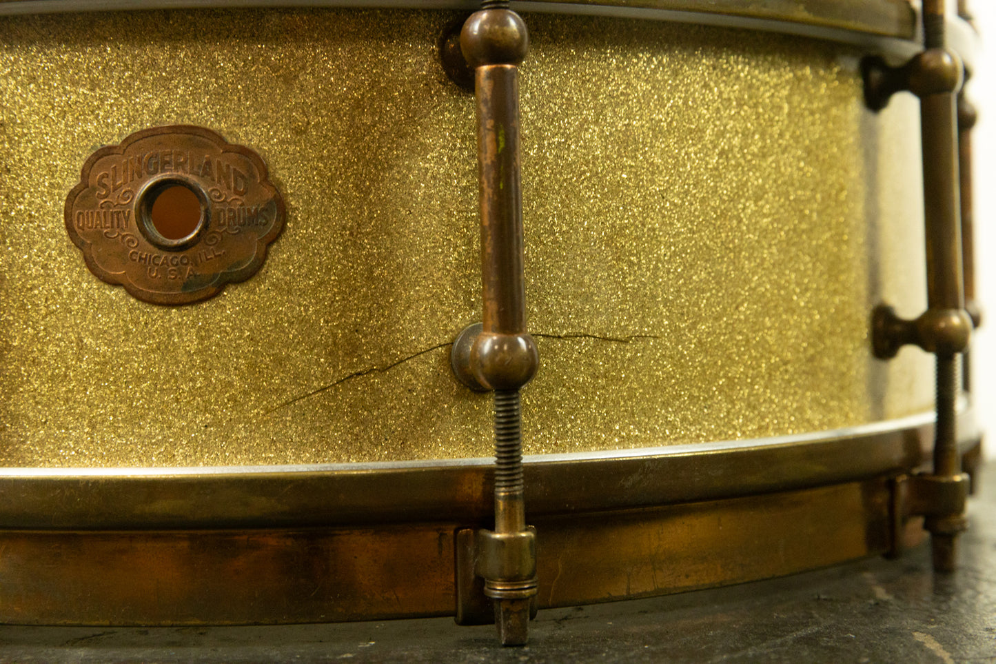 1920s Slingerland 5x14 Artist Model Tone Flange Gold Pearl Snare Drum