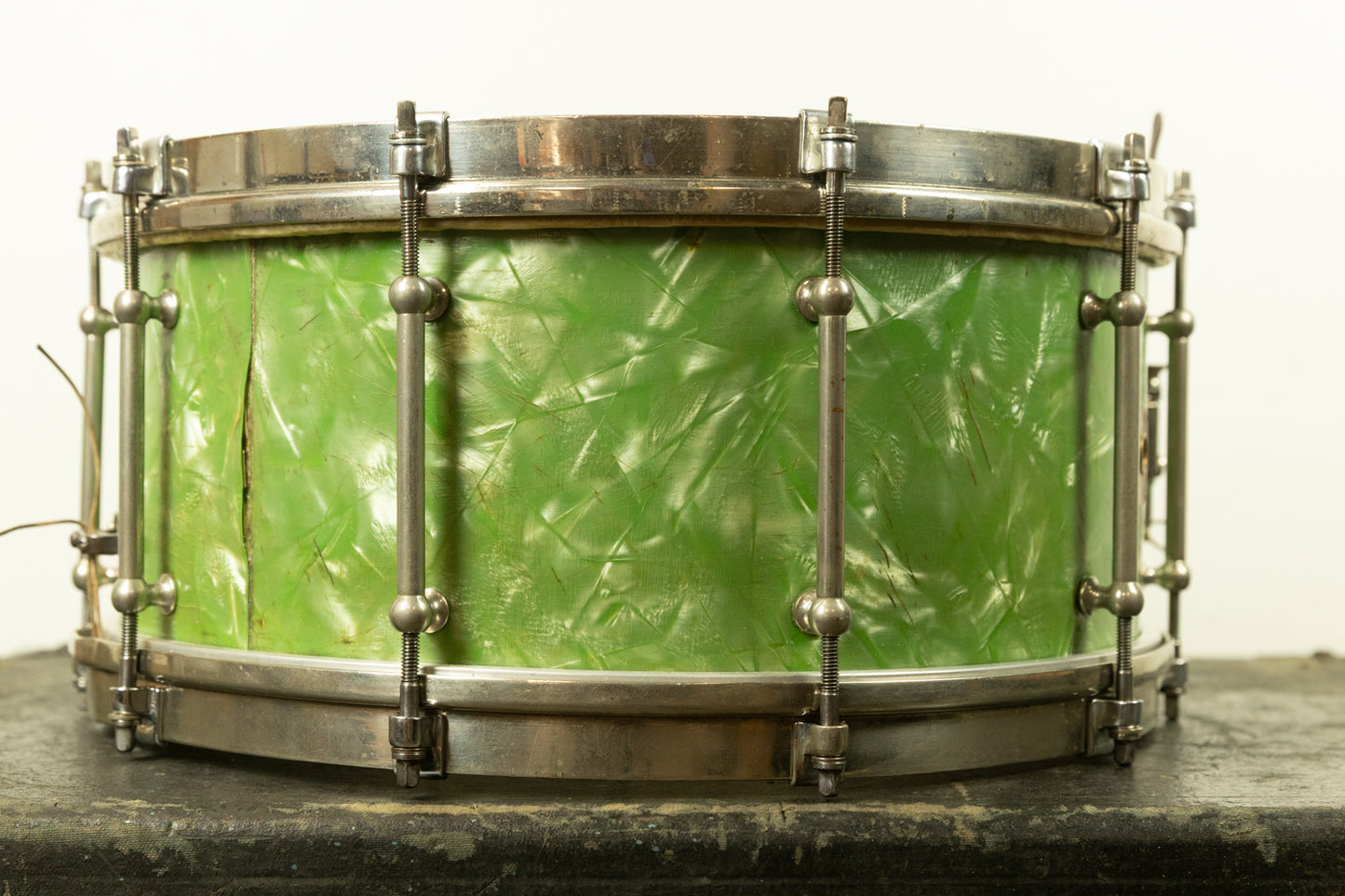 1920s Slingerland 7x14 Fancher Model Sea Green Pearl Snare Drum
