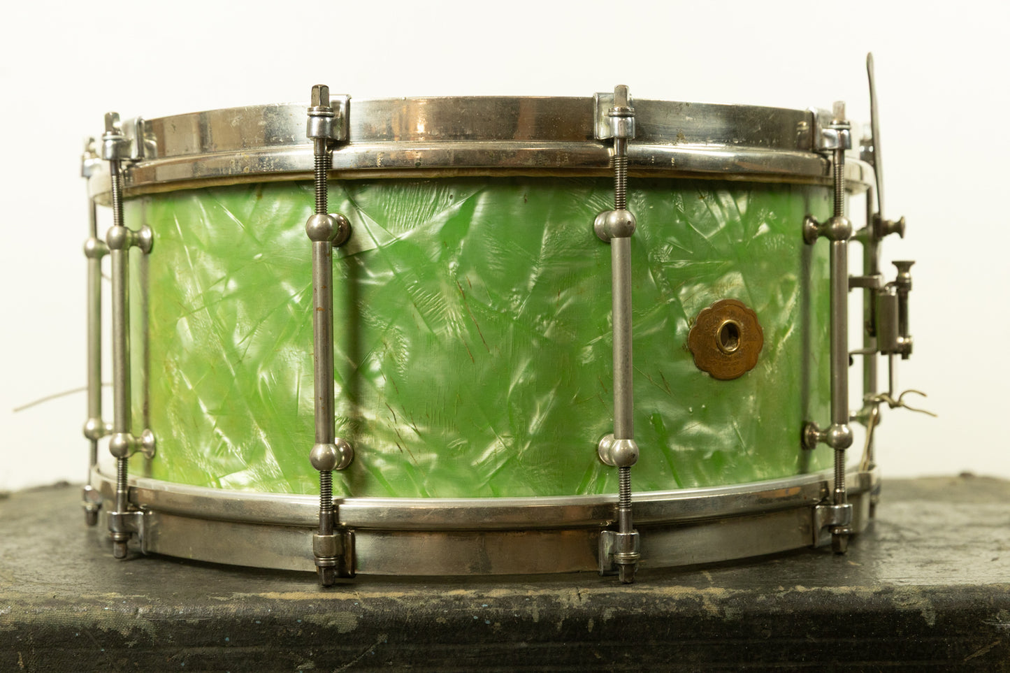 1920s Slingerland 7x14 Fancher Model Sea Green Pearl Snare Drum