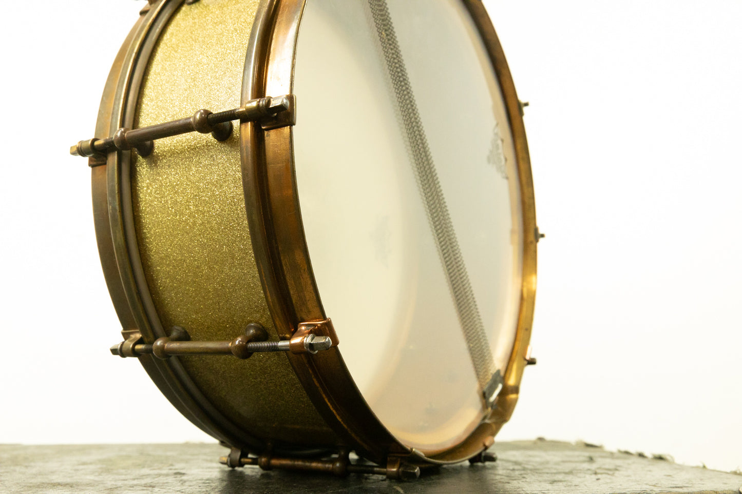1920s Slingerland 5x14 Artist Model Tone Flange Gold Pearl Snare Drum