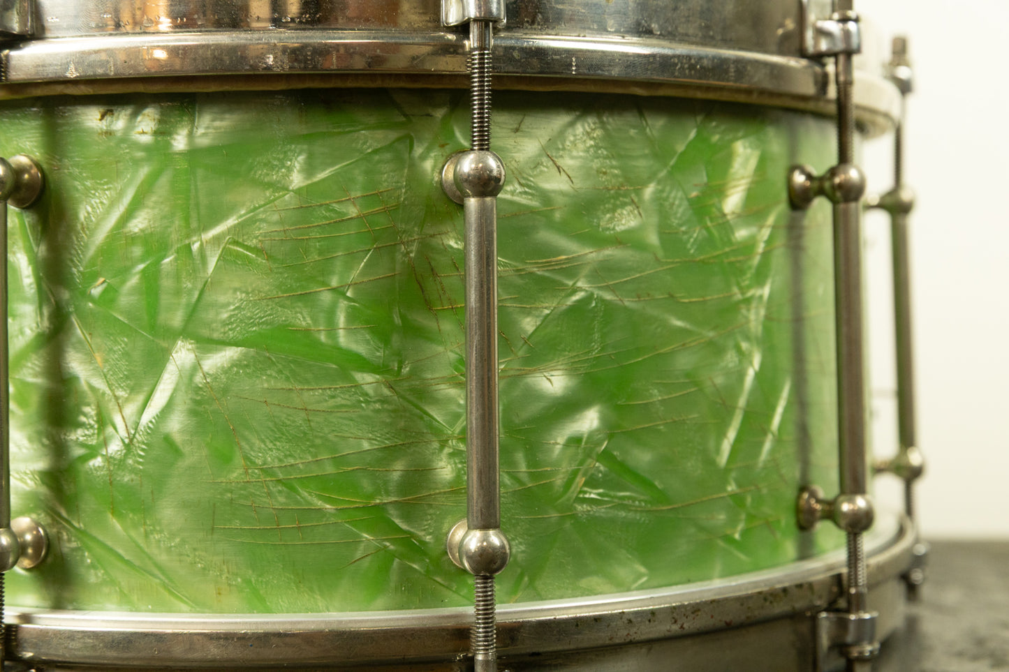 1920s Slingerland 7x14 Fancher Model Sea Green Pearl Snare Drum