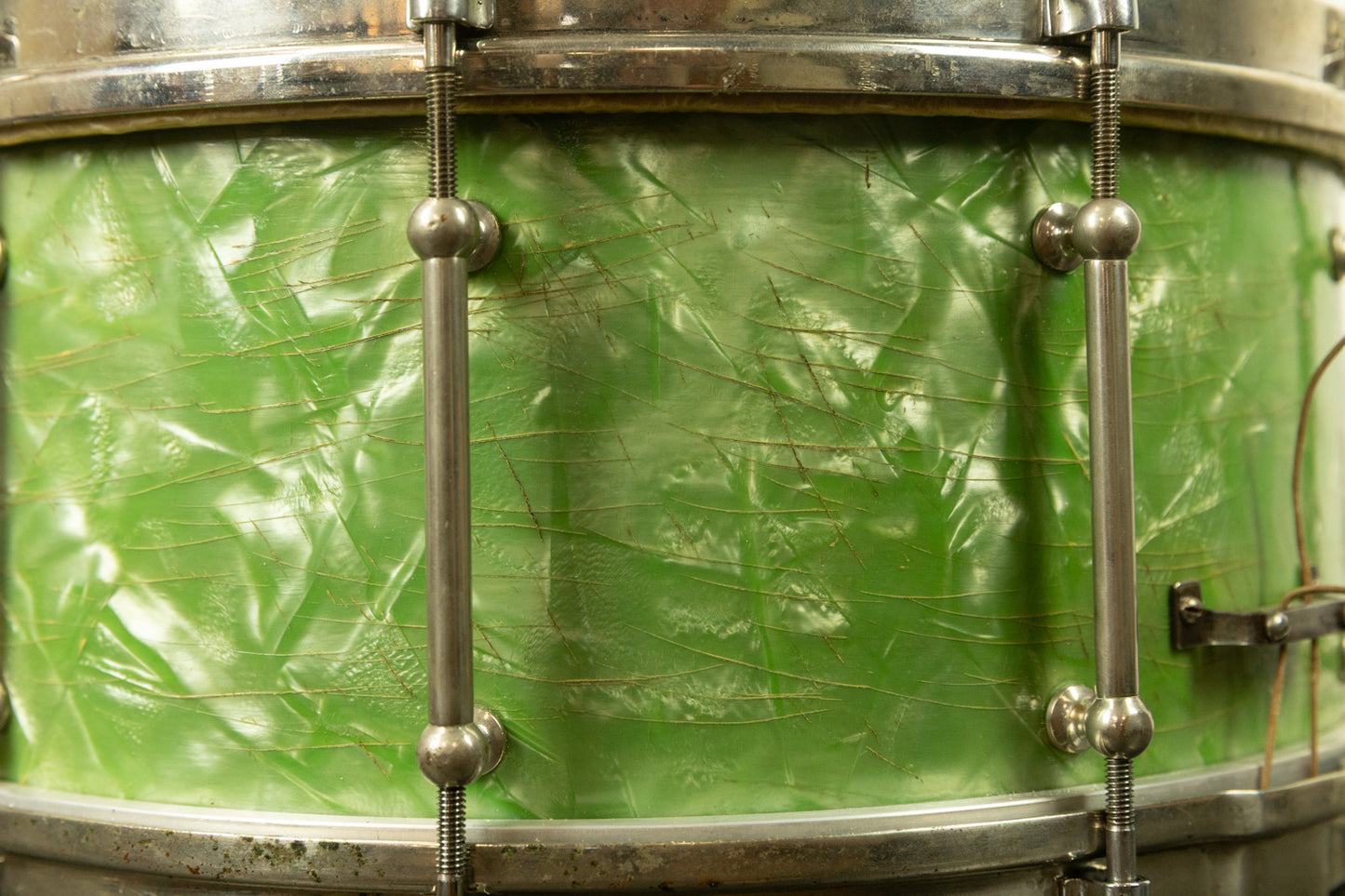 1920s Slingerland 7x14 Fancher Model Sea Green Pearl Snare Drum