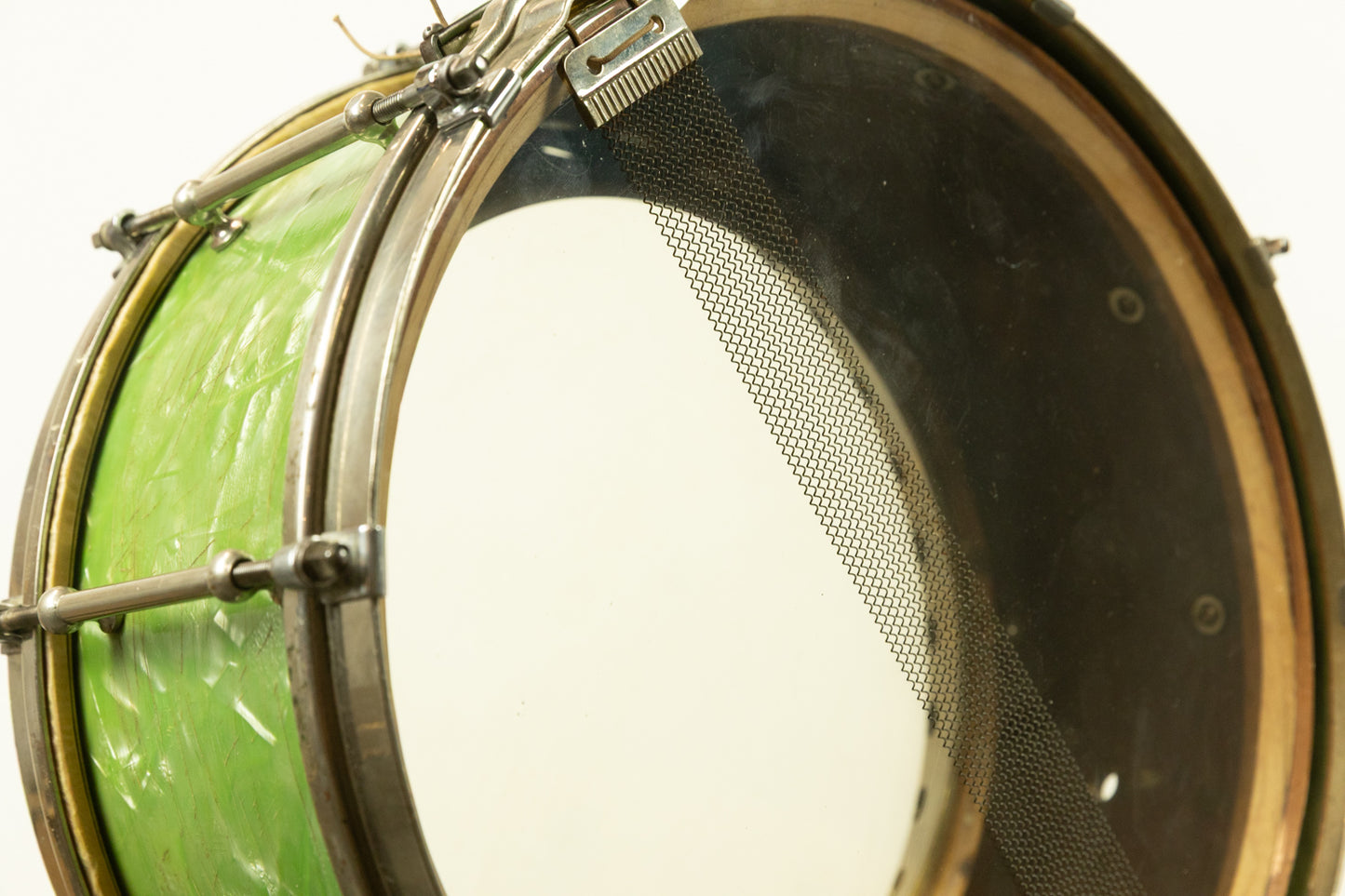 1920s Slingerland 7x14 Fancher Model Sea Green Pearl Snare Drum