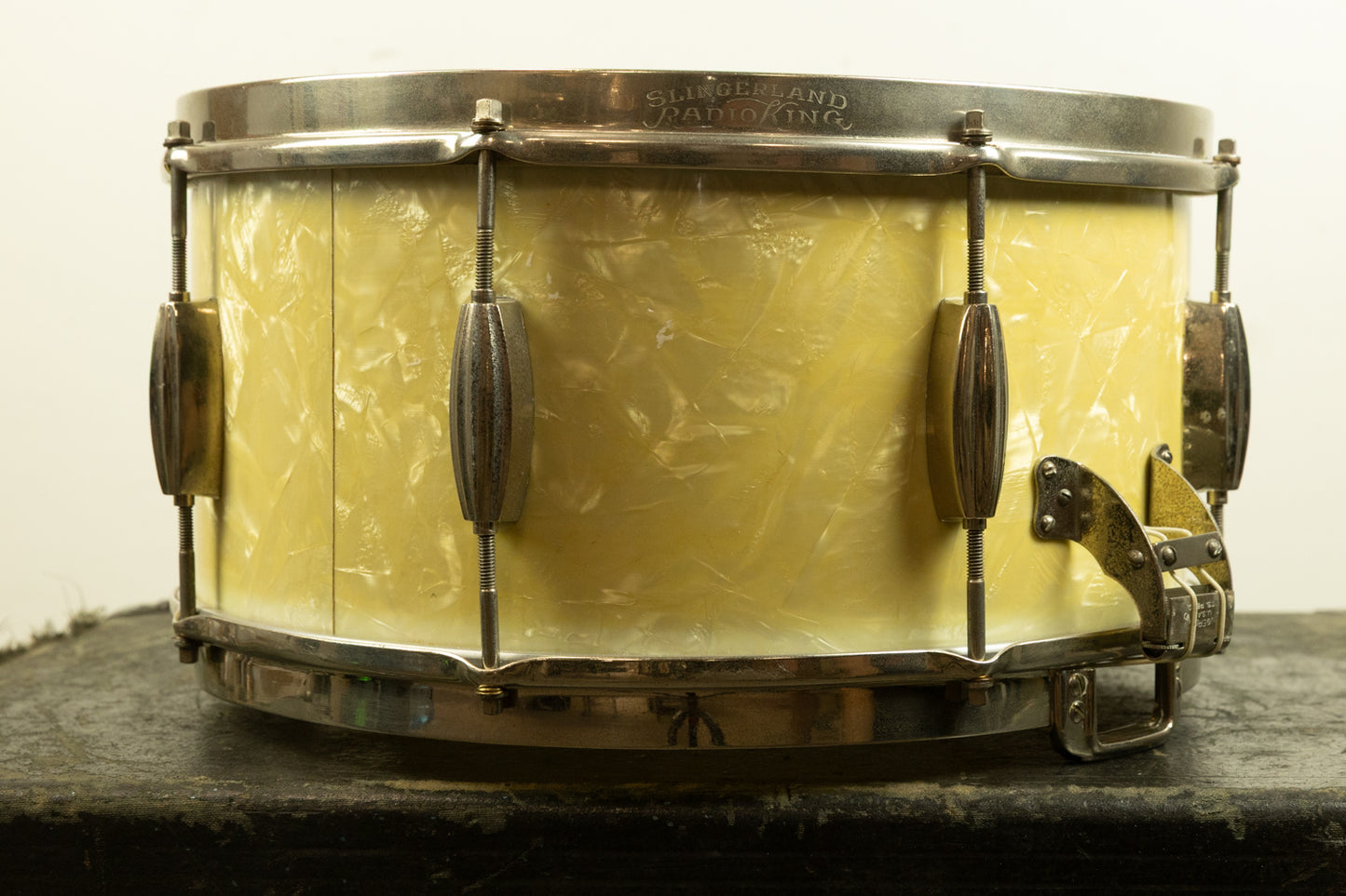 1940s Slingerland 7x14 Radio King White Marine Pearl Snare Drum
