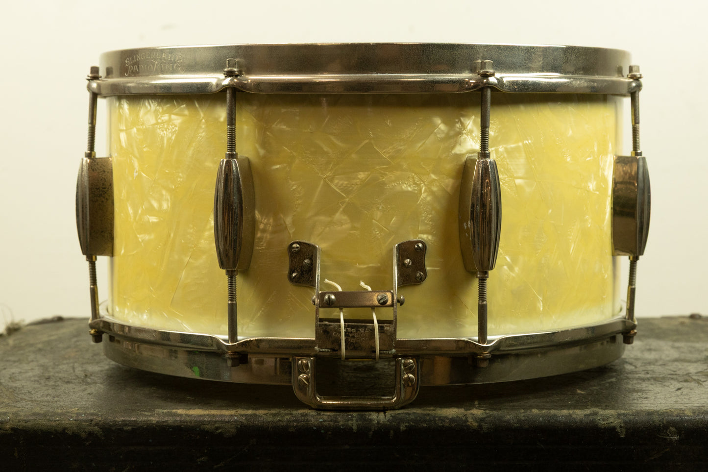 1940s Slingerland 7x14 Radio King White Marine Pearl Snare Drum