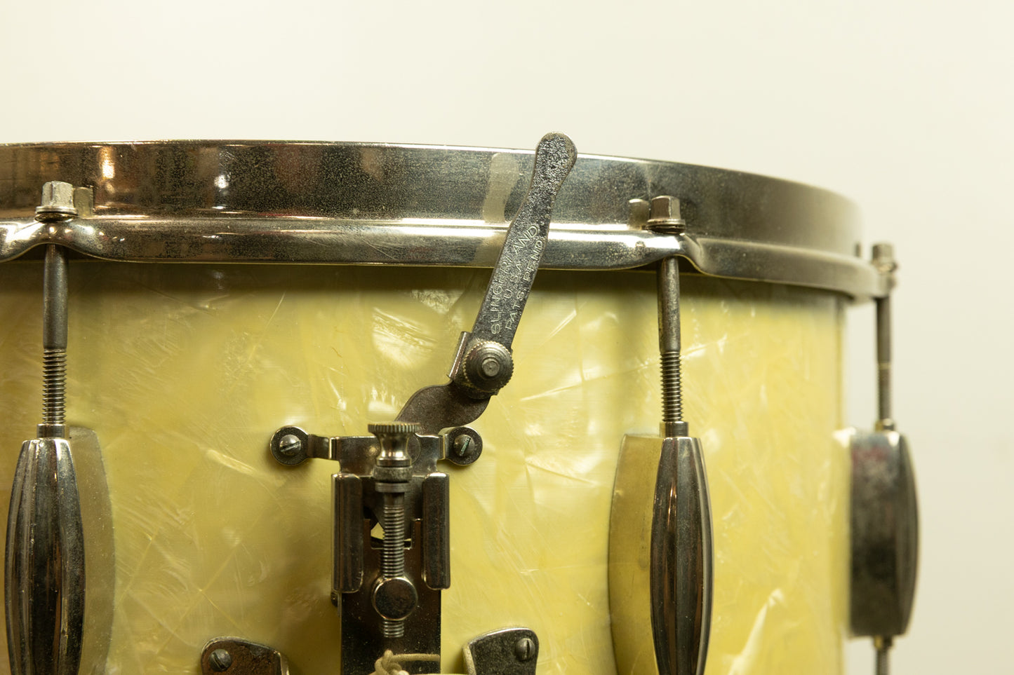 1940s Slingerland 7x14 Radio King White Marine Pearl Snare Drum