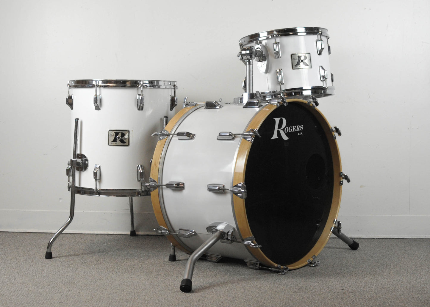 1970s Rogers Big R New England White Drum Set 14x22 9x13 and 16x16