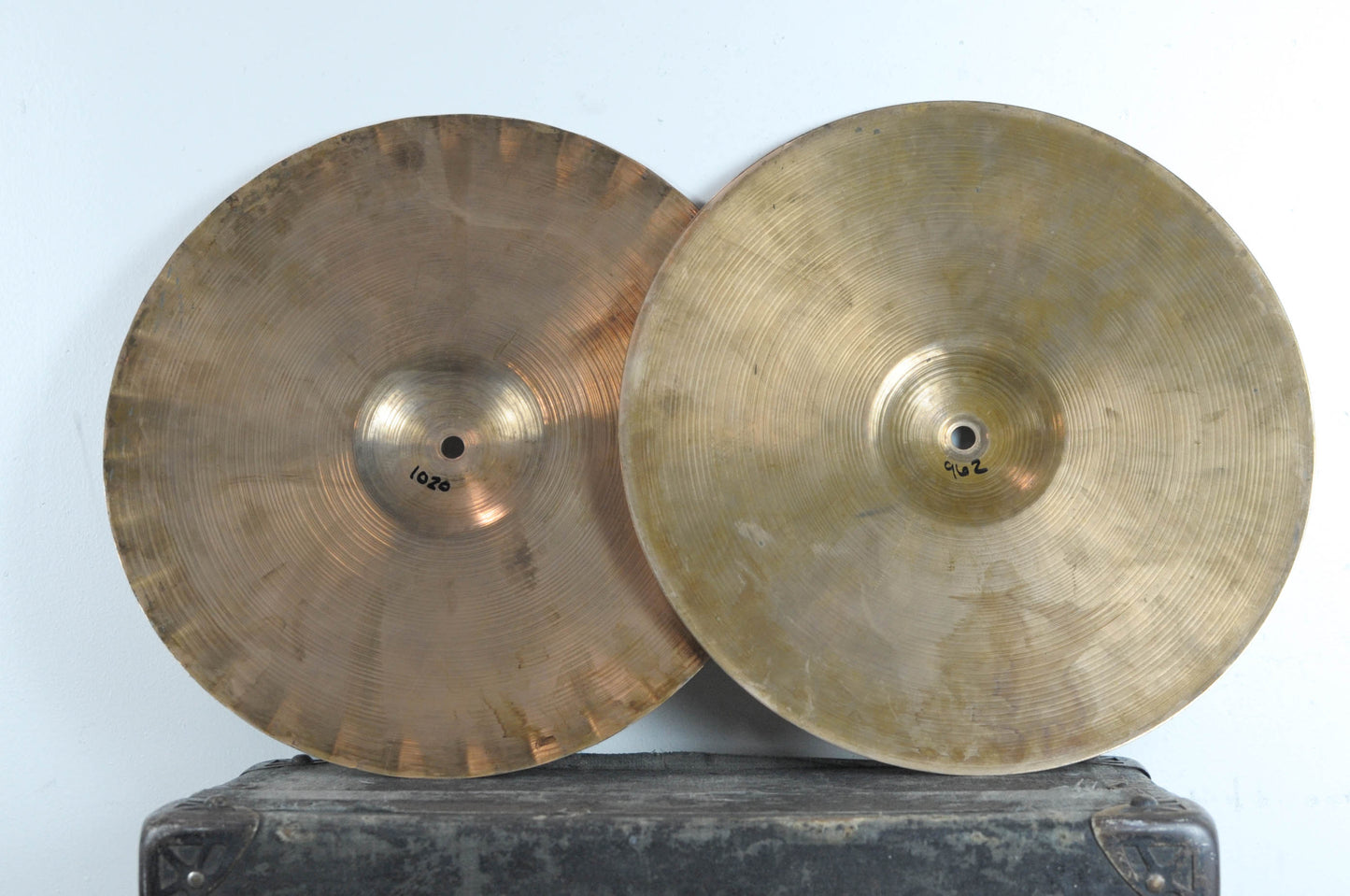 1970s Paiste 2002 14" Black Label Sound Edge Hi Hat Cymbals 962g 1020g