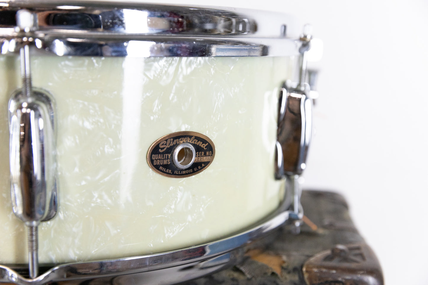 1960s Slingerland 5x14 "Student Model" White Marine Pearl Snare Drum