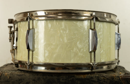 1930s Leedy & Strupe 6.5x14 White Marine Pearl Snare Drum