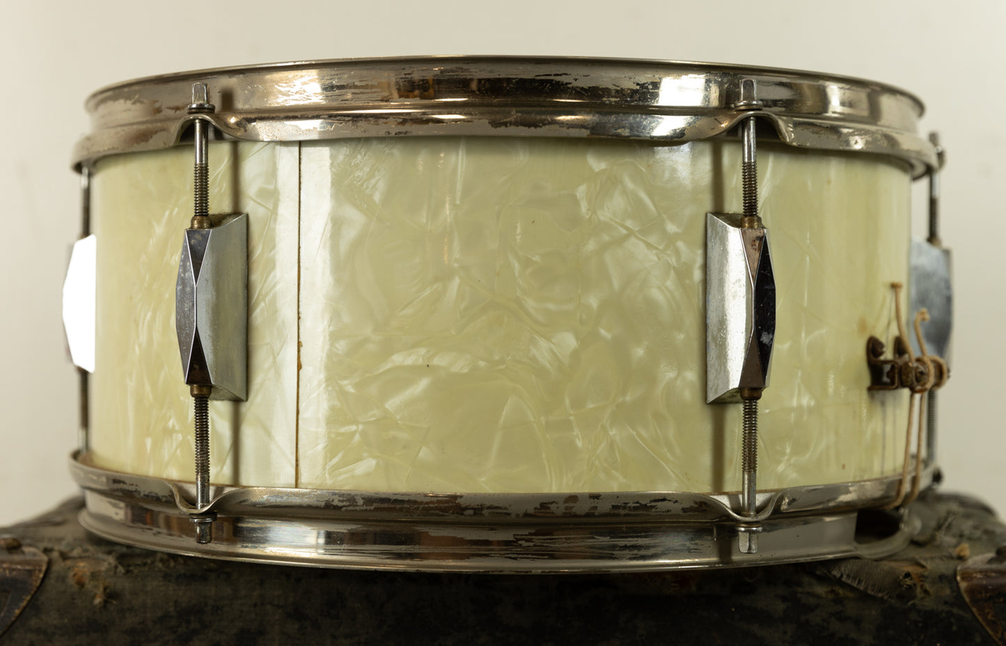 1930s Leedy & Strupe 6.5x14 White Marine Pearl Snare Drum