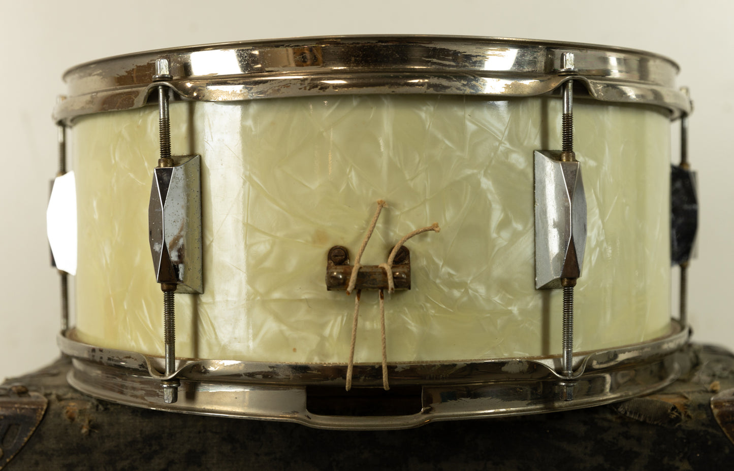 1930s Leedy & Strupe 6.5x14 White Marine Pearl Snare Drum