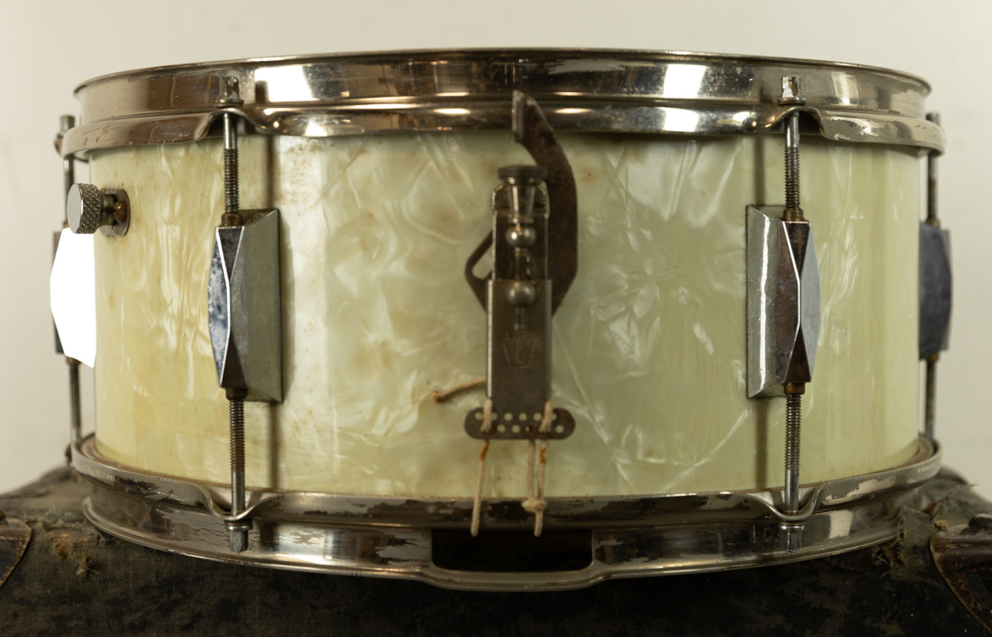 1930s Leedy & Strupe 6.5x14 White Marine Pearl Snare Drum