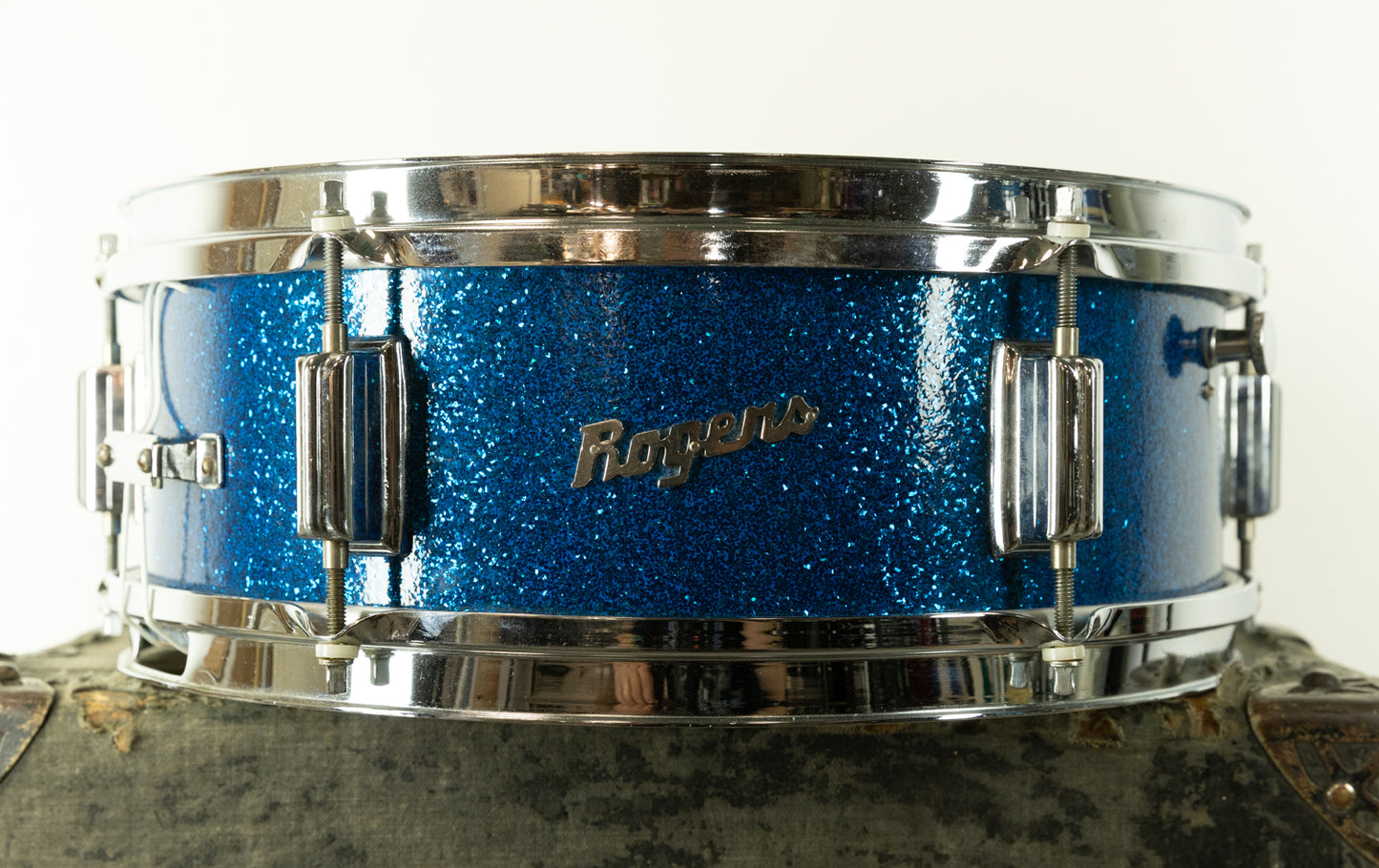 1960s Rogers 5x14 Luxor Blue Sparkle Pearl Snare Drum