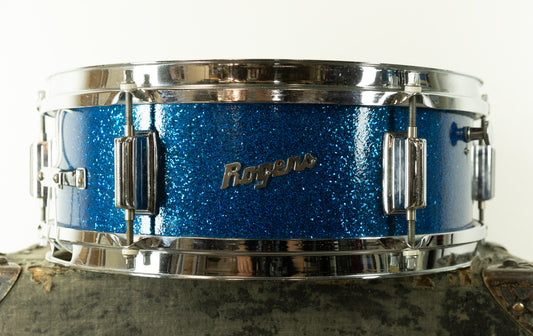 1960s Rogers 5x14 Luxor Blue Sparkle Pearl Snare Drum