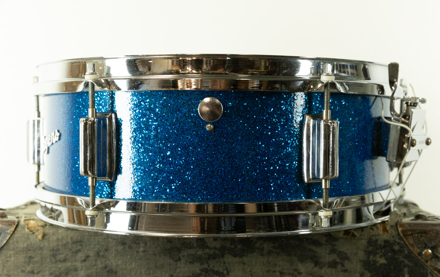 1960s Rogers 5x14 Luxor Blue Sparkle Pearl Snare Drum