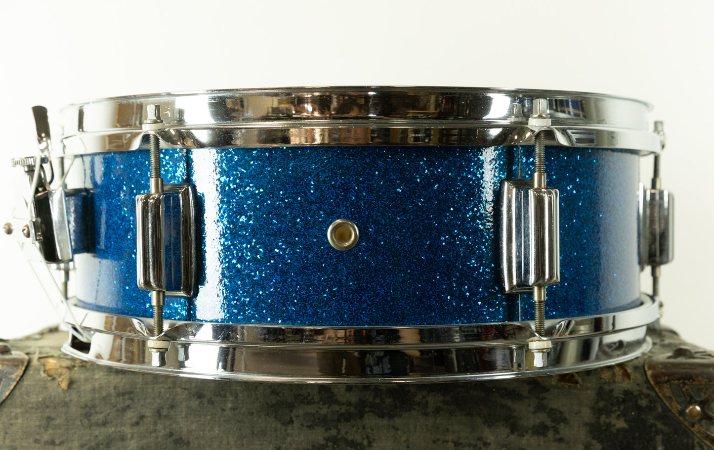 1960s Rogers 5x14 Luxor Blue Sparkle Pearl Snare Drum