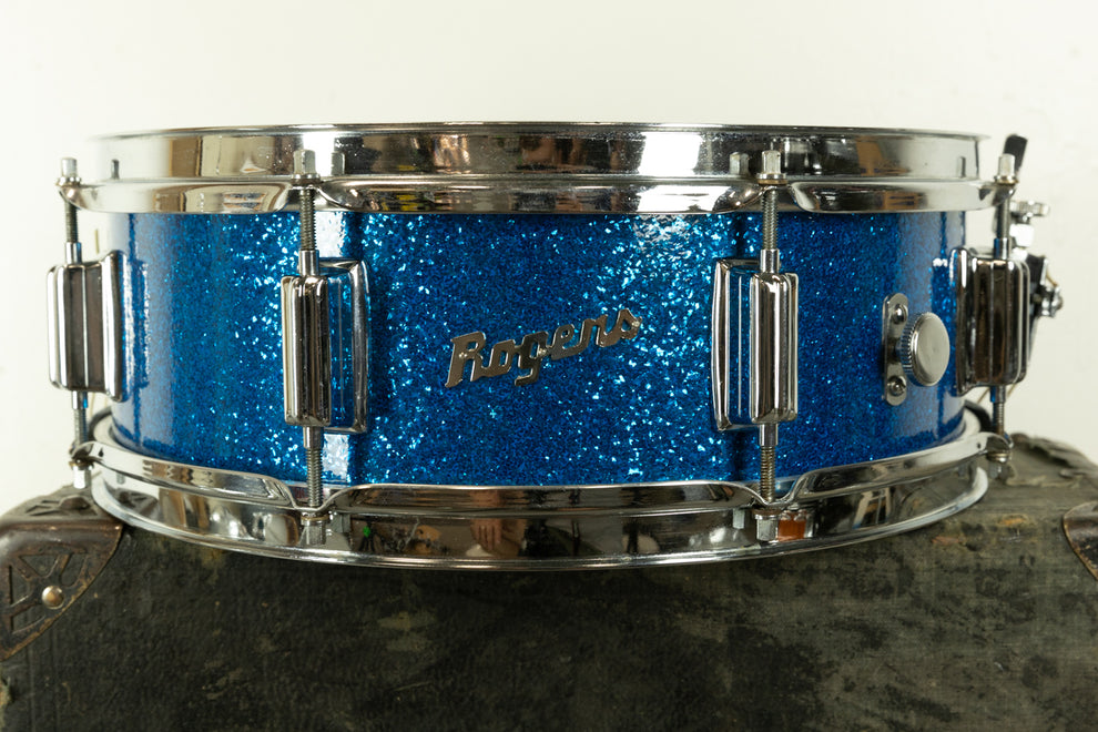 1960s Rogers 5x14 Tower Blue Sparkle Pearl Snare Drum Hawthorne Drum Shop