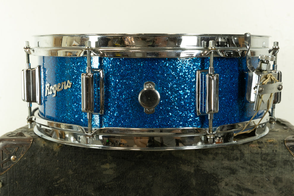 1960s Rogers 5x14 Tower Blue Sparkle Pearl Snare Drum Hawthorne Drum Shop