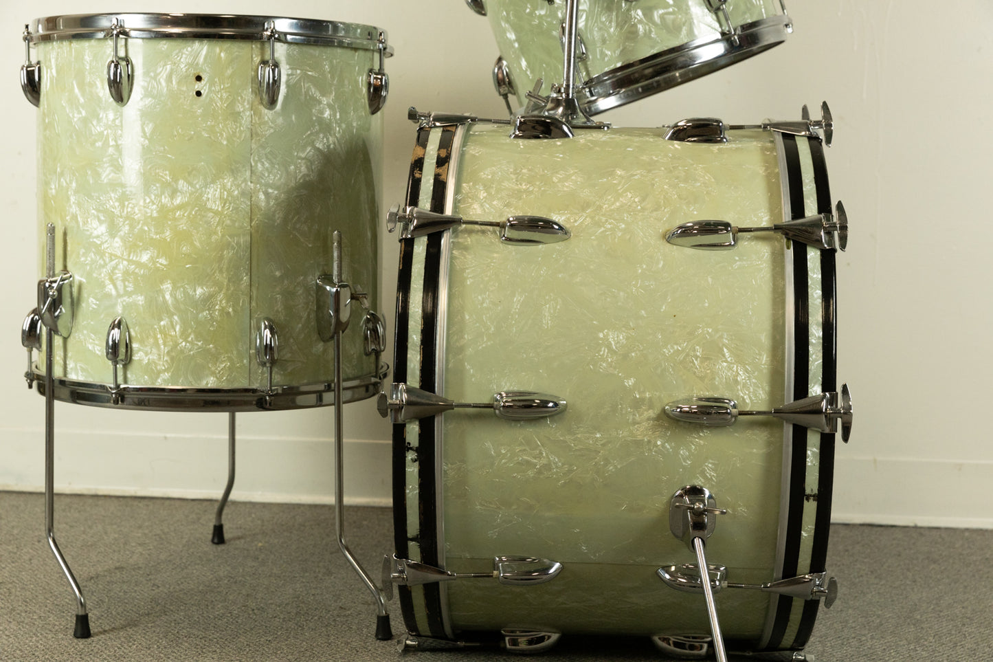 1970s Slingerland White Marine Pearl 14x22 9x13 and 16x16 Drum Set