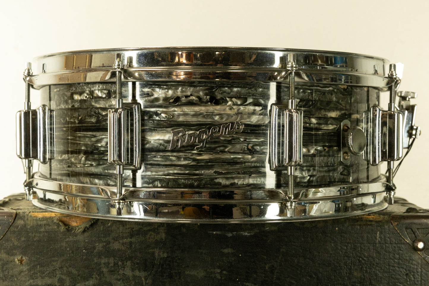 1970s Rogers 5x14 Black Strata Pearl Tower Snare Drum