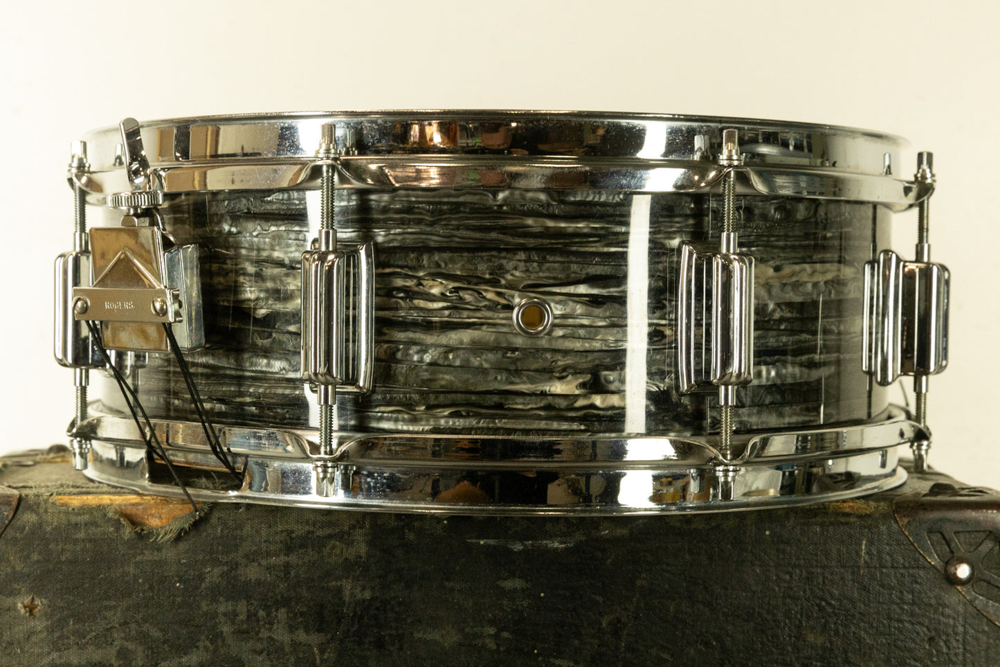 1970s Rogers 5x14 Black Strata Pearl Tower Snare Drum