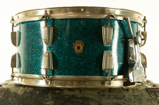 1950s WFL 6.5x14 Ray McKinley Aqua Sparkle Snare Drum