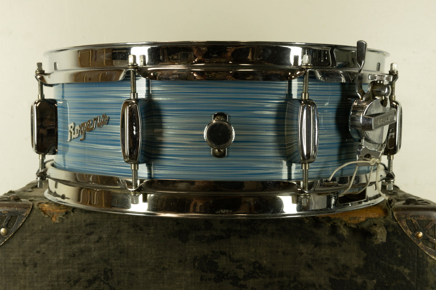 1960s Rogers 5x14 Light Blue Pearl Ripple Powertone Snare Drum