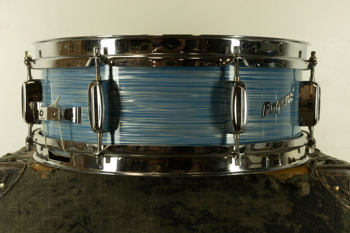 1960s Rogers 5x14 Light Blue Pearl Ripple Powertone Snare Drum