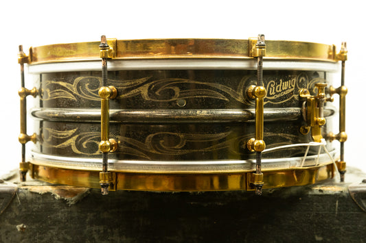 1920s Ludwig 5x14 Scroll Engraved Black Beauty Snare Drum
