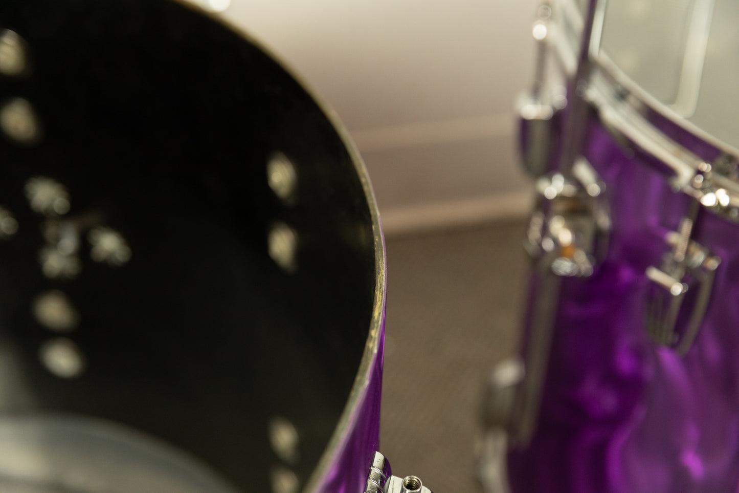 Vintage Blaemire Lavender Satin Flame Drum Set 14x20 9x13 and 15x15