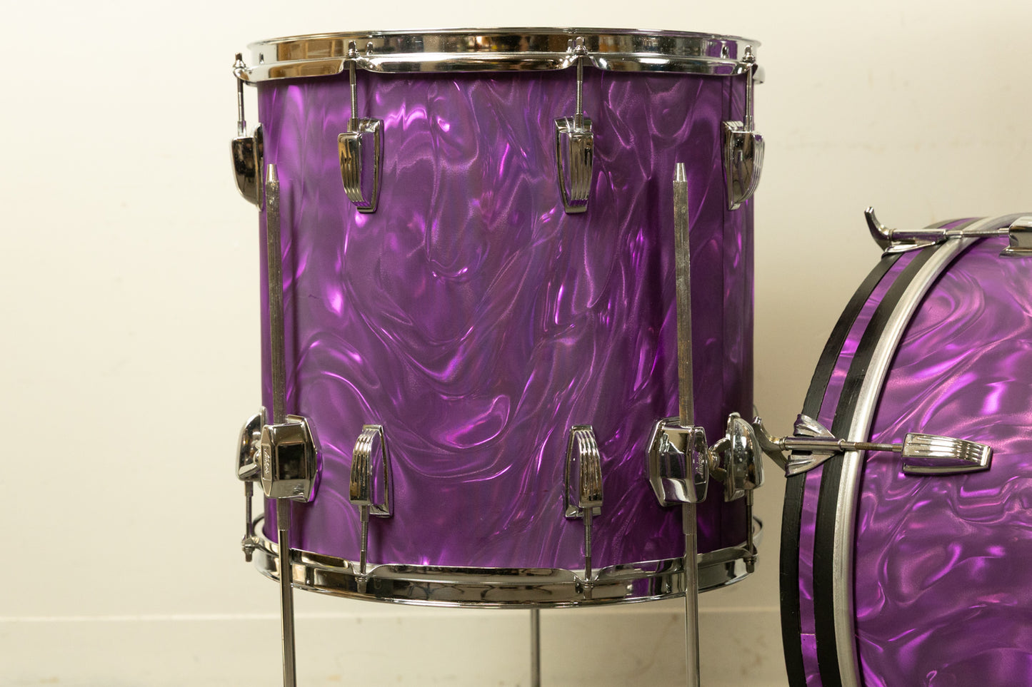 Vintage Blaemire Lavender Satin Flame Drum Set 14x20 9x13 and 15x15