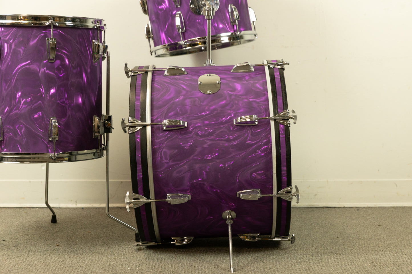 Vintage Blaemire Lavender Satin Flame Drum Set 14x20 9x13 and 15x15