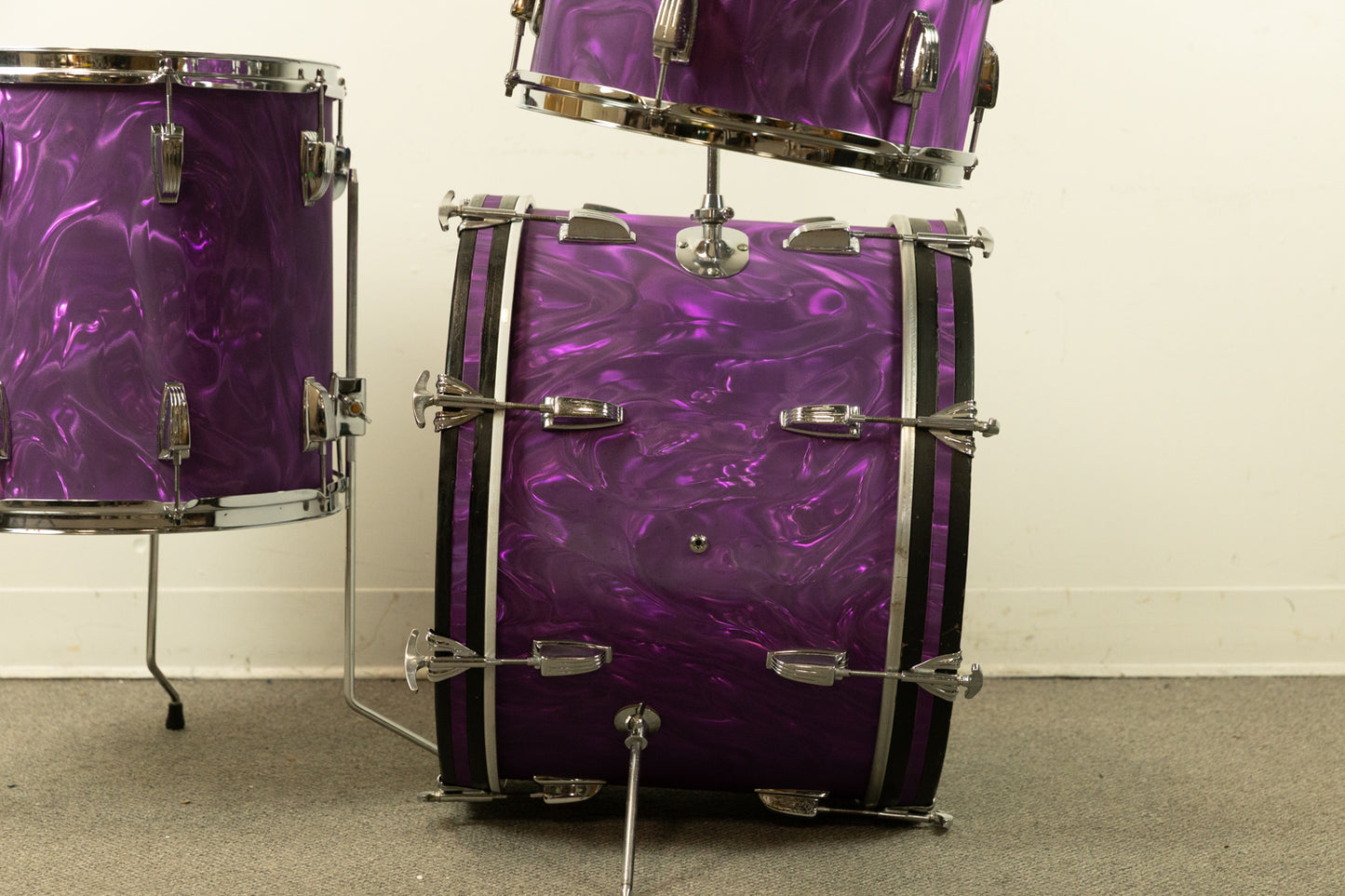 Vintage Blaemire Lavender Satin Flame Drum Set 14x20 9x13 and 15x15