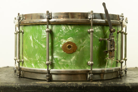 1920s Slingerland 7x14 Fancher Model Sea Green Pearl Snare Drum